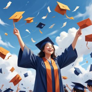 a woman in a graduation gown throwing hats in the air with email flying in the background. This represents email courses