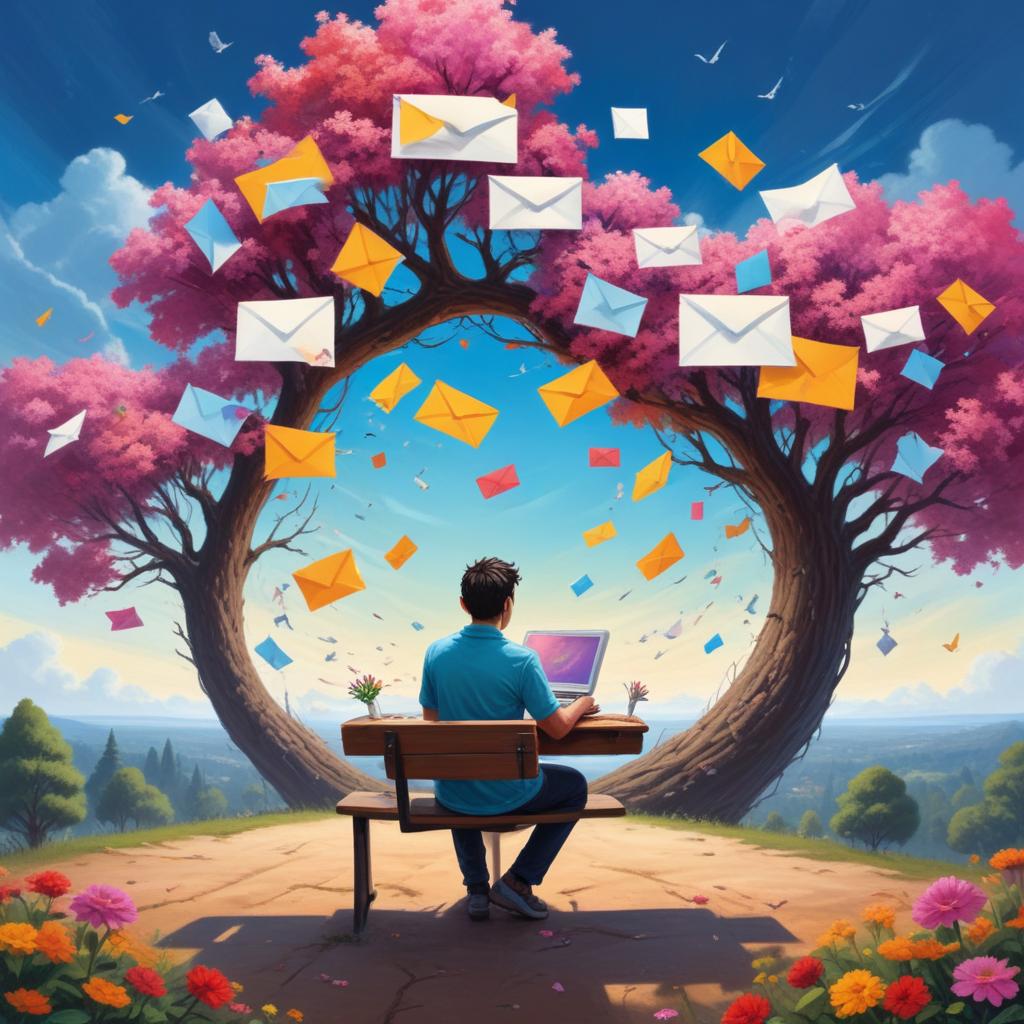 a man sitting on a bench with a laptop and a tree with flowers. Emails are flying everywhere